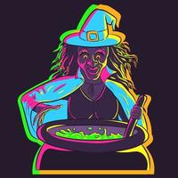 Vector of a neon witch stirring a cauldron with a stick. Evil Halloween woman under UV lights wearing a hat and a cape. Female casting a spell and creating a toxic liquid in a pot