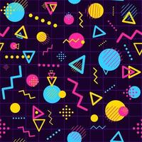 Geometric seamless pattern with minimalist and modern shapes. Repetitive background with triangles, lines, circles and dots. Colorful digital space and funky party conceptual art. vector