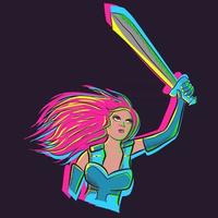 Vector art of a nordic woman under neon lights holding a sword up in the air. Vector of a valkyrie wearing a viking war armor. Character from pagan and scandinavian mythology.