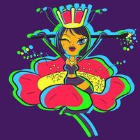 Cartoon art of a queen bee wearing a crown and holding a stamen in her hands. Striped insect winking and sitting inside a flower pollinating it. Vector of a wasp under neon lights