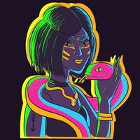 Tarot card conceptual art with a young woman taming a snake around her neck. Psychedelic neon illustration with surreal colors and a bohemian woman with a pink reptile. vector