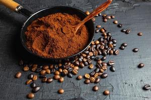 Ground coffee powder and roasted coffee beans photo