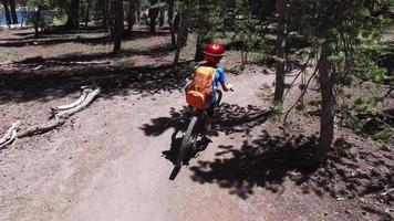 A boy rides his mountain bike on a singletrack dirt trail in the woods.