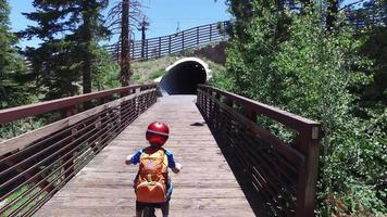 A boy rides his mountain bike through a tunnel on a paved trail in the woods. video
