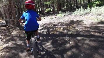 en pojke åker sin mountainbike på en singletrack-smutspår i skogen.