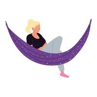 Personaje de mujer joven descansando en una hamaca, postergando el diseño aislado