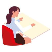 mujer joven, sentado, en, escritorio, trabajo, aislado, diseño vector