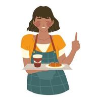 amable camarera sonriente sosteniendo una bandeja con comida