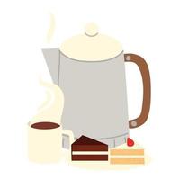restaurant kettle coffee cup and slices cake dessert and pastry vector