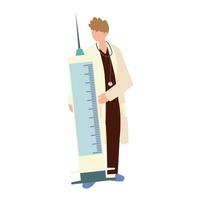 male doctor character with big syringe medical vaccine vector