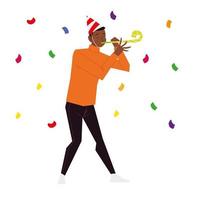 Hombre con sombrero de fiesta silbato y celebración de confeti vector