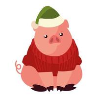 christmas, pig with hat and sweater animal celebration vector