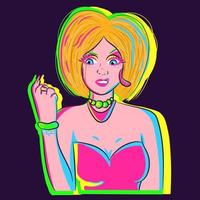Illustration of a blonde woman under neon lights with an arrogant attitude and an upset facial expression. Vector art of a middle age lady looking at her hands and nails.
