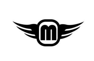 M alphabet letter logo for business and company with wings and black and white color. Corporate brading and lettering icon with simple design vector
