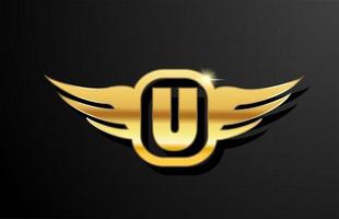 U gold letter logo alphabet for business and company with yellow color. Corporate brading and lettering with golden metal design and wing vector