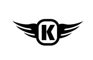 Logo de letra del alfabeto K para negocios y empresa con alas y color blanco y negro. icono de rotulación y marca corporativa con diseño simple vector