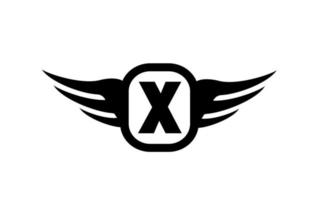 Logo de letra del alfabeto x para negocios y empresa con alas y color blanco y negro. icono de rotulación y marca corporativa con diseño simple vector
