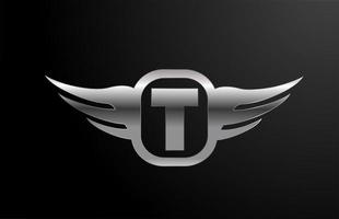 Alfabeto del logo de letra t para negocios y empresa con alas y color plateado. rotulación corporativa y brading con icono de diseño de metal vector