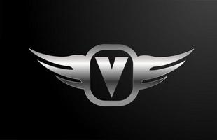 Alfabeto del logotipo de letra v para negocios y empresa con alas y color plateado. rotulación corporativa y brading con icono de diseño de metal vector