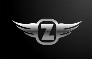 Z letter logo alphabet for business and company with wings and silver color. Corporate lettering and brading with metal design icon vector