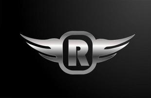 R letter logo alphabet for business and company with wings and silver color. Corporate lettering and brading with metal design icon vector