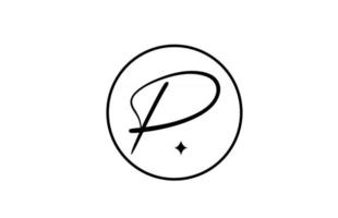 Logo de letra del alfabeto p para empresas con estrella y círculo. letras simples y elegantes para la empresa. Diseño de icono de marca de identidad corporativa en blanco y negro. vector