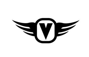 V logo de letra del alfabeto para negocios y empresa con alas y color blanco y negro. icono de rotulación y marca corporativa con diseño simple vector