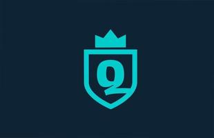 Q blue shield alphabet icon logo for company with letter. Creative design for corporate and business with king crown vector