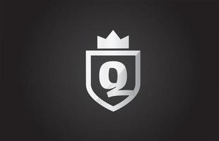 Q alphabet letter logo icon in grey and black color. Shield design for company identity with king crown vector