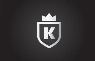 K alphabet letter logo icon in grey and black color. Shield design for company identity with king crown vector