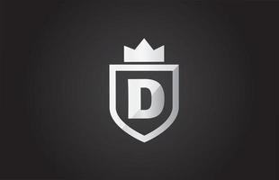 D alphabet letter logo icon in grey and black color. Shield design for company identity with king crown vector