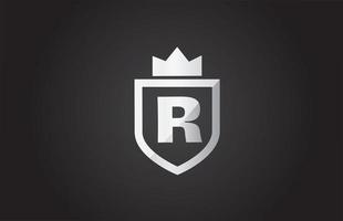 r alfabeto letra logo icono en color gris y negro. Diseño de escudo para la identidad de la empresa con corona de rey. vector