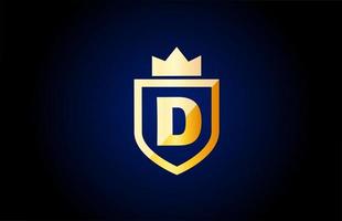 gold D alphabet letter logo icon. Design for business and company identity with shield and king crown vector