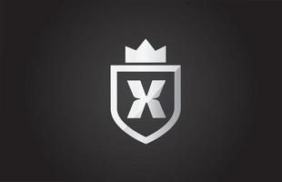 x icono del logotipo de la letra del alfabeto en color gris y negro. Diseño de escudo para la identidad de la empresa con corona de rey. vector