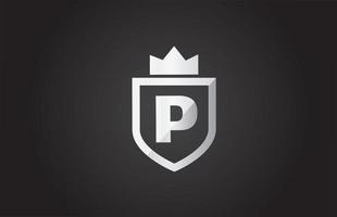 P alphabet letter logo icon in grey and black color. Shield design for company identity with king crown vector