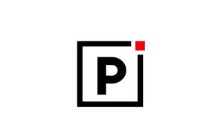 P alphabet letter logo icon in black and white. Company and business design with square and red dot. Creative corporate identity template vector