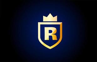 gold R alphabet letter logo icon. Design for business and company identity with shield and king crown vector