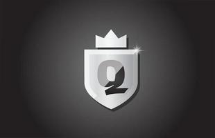 Creative shield Q alphabet letter icon logo in grey color. Corporate business design for company template identity with king crown and light spark vector