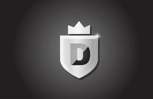 Logotipo creativo del icono de la letra del alfabeto del escudo d en color gris. diseño de negocios corporativos para la identidad de la plantilla de la empresa con corona de rey y chispa de luz vector