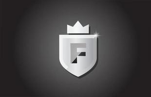 Creative shield F alphabet letter icon logo in grey color. Corporate business design for company template identity with king crown and light spark vector