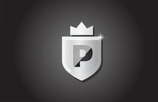 Creative shield P alphabet letter icon logo in grey color. Corporate business design for company template identity with king crown and light spark vector