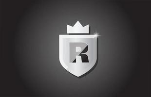 Creative shield R alphabet letter icon logo in grey color. Corporate business design for company template identity with king crown and light spark vector