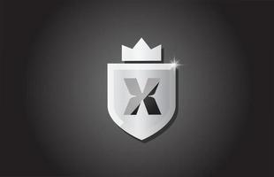 Logotipo creativo del icono de la letra del alfabeto del escudo x en color gris. diseño de negocios corporativos para la identidad de la plantilla de la empresa con corona de rey y chispa de luz vector