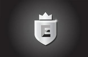 Creative shield E alphabet letter icon logo in grey color. Corporate business design for company template identity with king crown and light spark vector