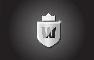 Creative shield W alphabet letter icon logo in grey color. Corporate business design for company template identity with king crown and light spark vector