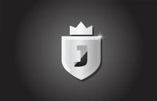 Creative shield J alphabet letter icon logo in grey color. Corporate business design for company template identity with king crown and light spark vector