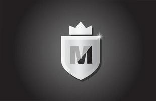 Creative shield M alphabet letter icon logo in grey color. Corporate business design for company template identity with king crown and light spark vector