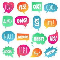 16 Speech bubbles flat gradient style design another shapes with text love yes like lol cool wow boom yes hand drawn comic cartoon style set vector illustration isolated on white background