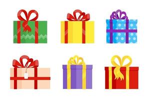 Set of various gift boxes with big ribbon and bow on it flat style design vector