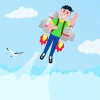 niño volando con cohete jetpack como un superhéroe piloto diseño de estilo plano ilustración vectorial aislado sobre fondo blanco joven hombre con jetpack en llamas en la espalda vector